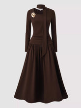 Long Sleeve A-Line Dress with Scarf Dark Brown / S