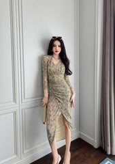 Long Sleeve Animal Print Ruffled Dress