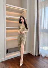 Long Sleeve Animal Print Ruffled Dress