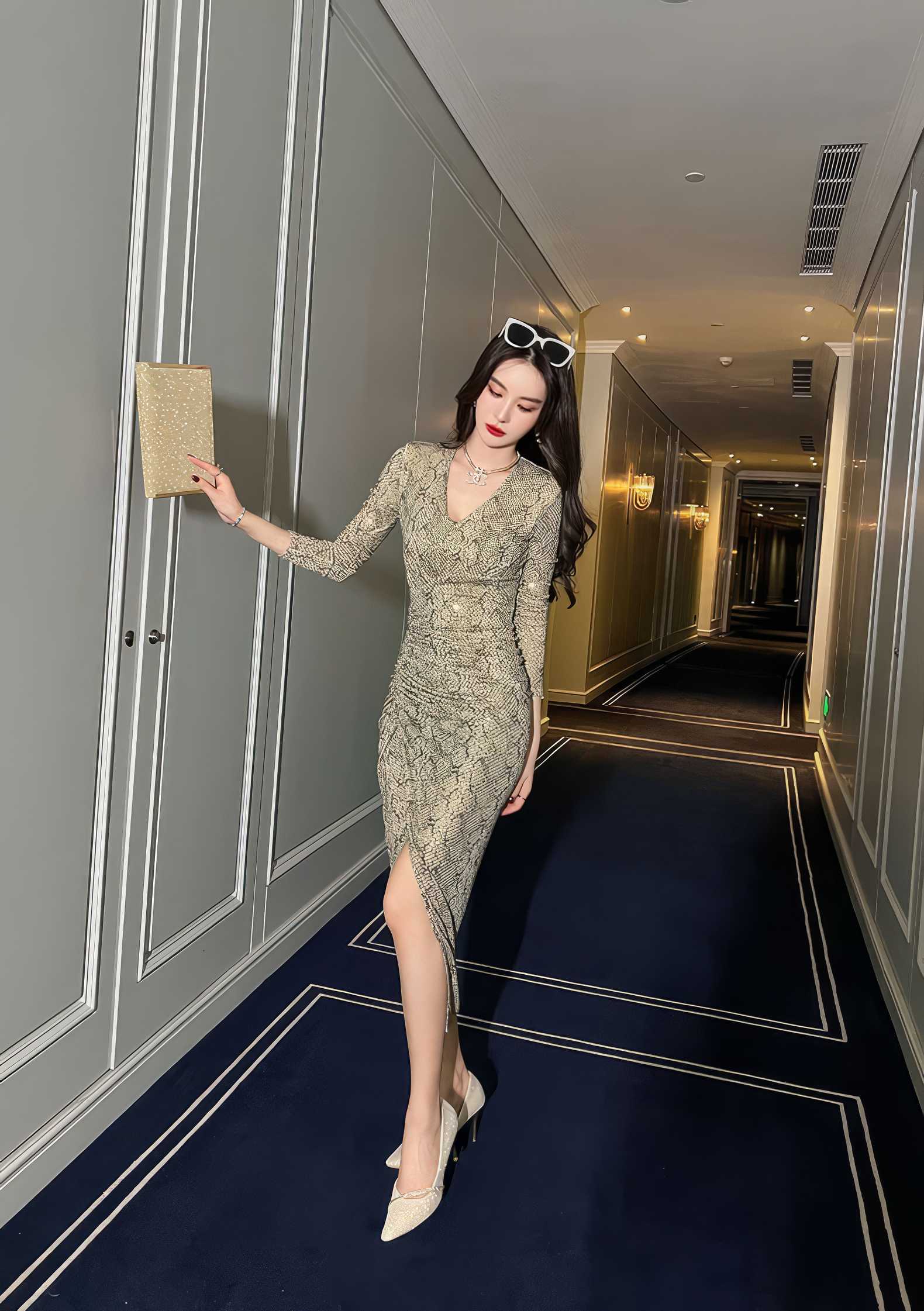 Long Sleeve Animal Print Ruffled Dress