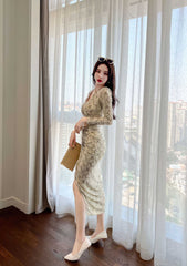 Long Sleeve Animal Print Ruffled Dress