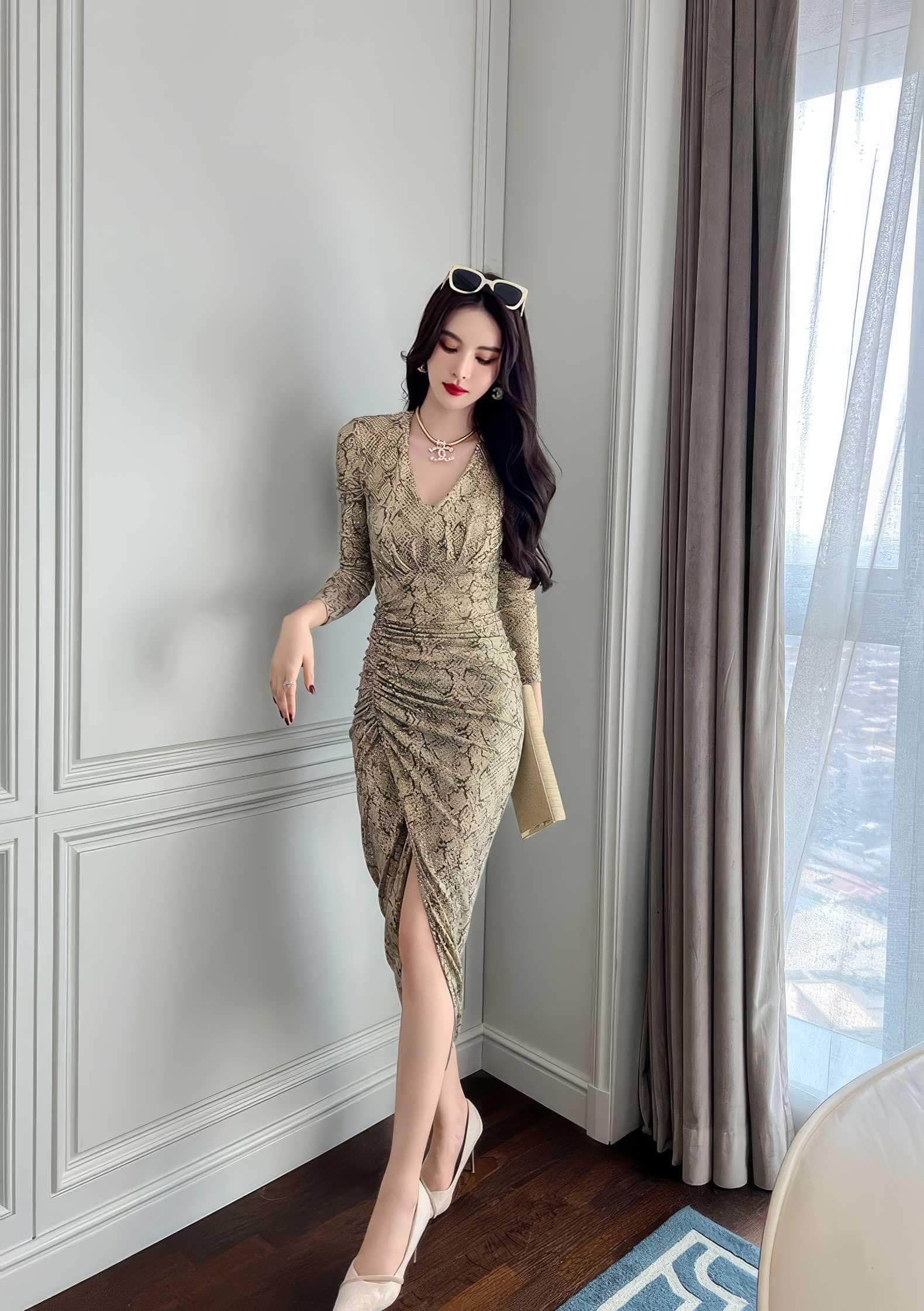 Long Sleeve Animal Print Ruffled Dress