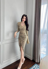 Long Sleeve Animal Print Ruffled Dress