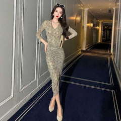 Long Sleeve Animal Print Ruffled Dress