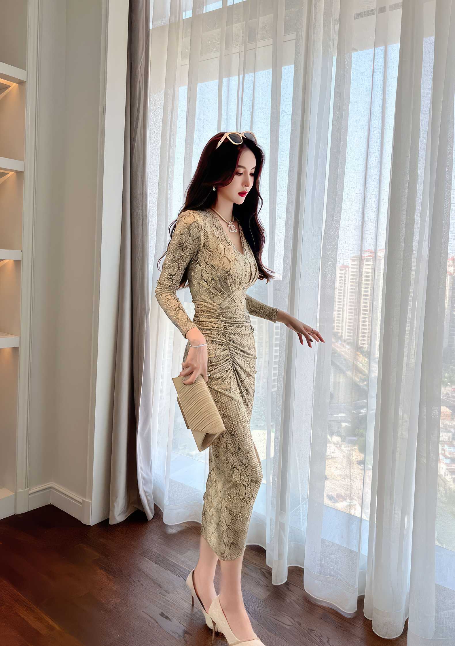 Long Sleeve Animal Print Ruffled Dress
