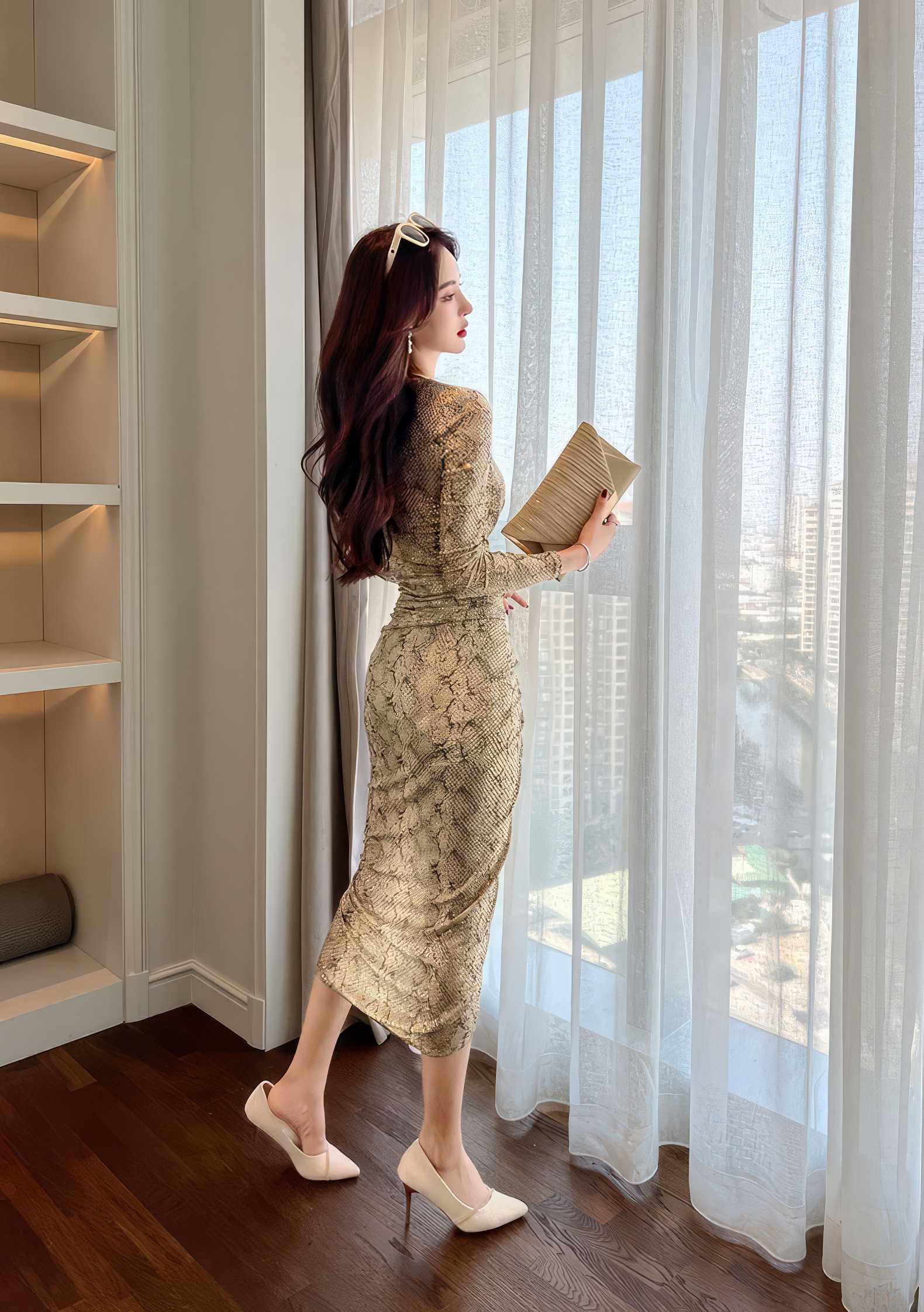 Long Sleeve Animal Print Ruffled Dress