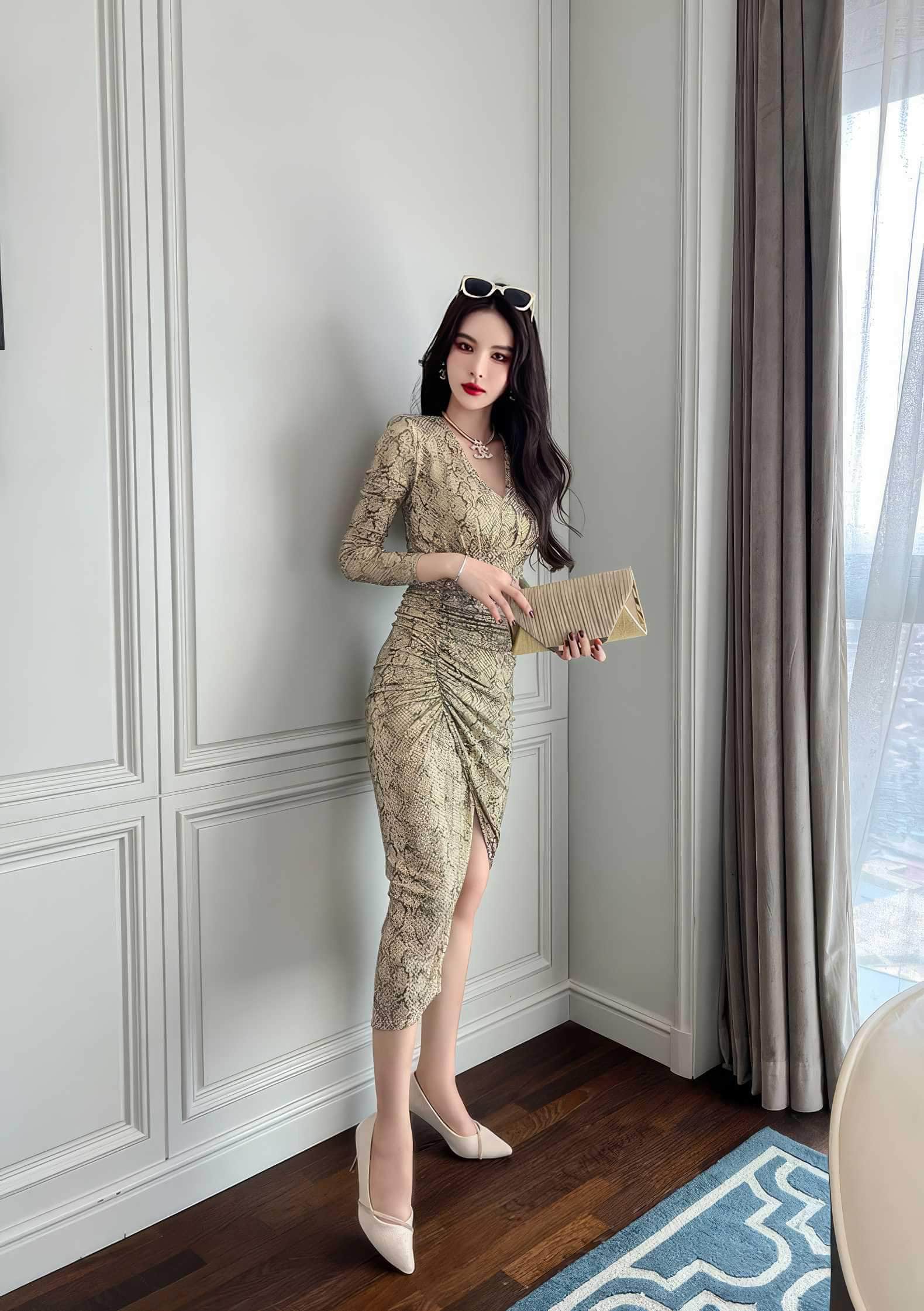 Long Sleeve Animal Print Ruffled Dress