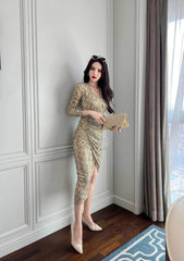 Long Sleeve Animal Print Ruffled Dress