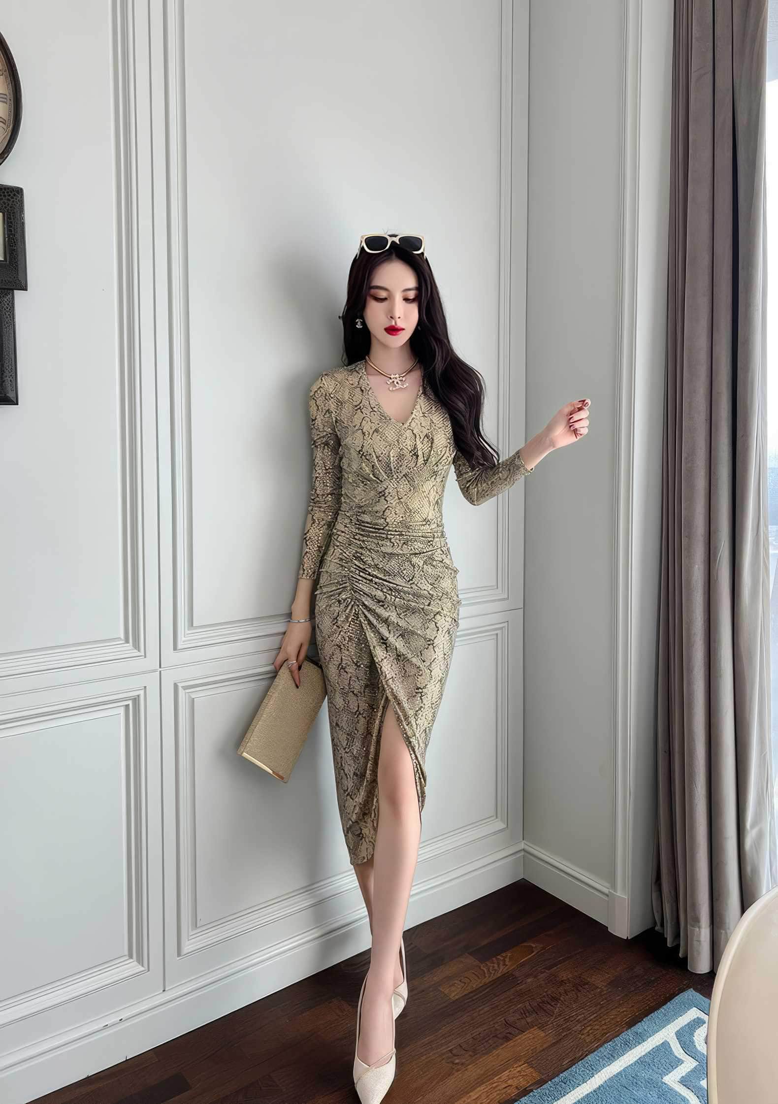 Long Sleeve Animal Print Ruffled Dress
