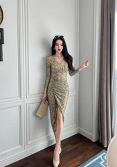 Long Sleeve Animal Print Ruffled Dress