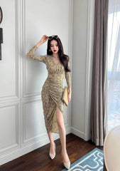 Long Sleeve Animal Print Ruffled Dress