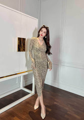 Long Sleeve Animal Print Ruffled Dress S / GoldenRod