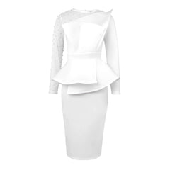Long Sleeve Beaded Mesh Patchwork Peplum Dress