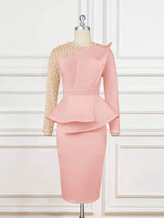 Long Sleeve Beaded Mesh Patchwork Peplum Dress US 4-6 / Pink