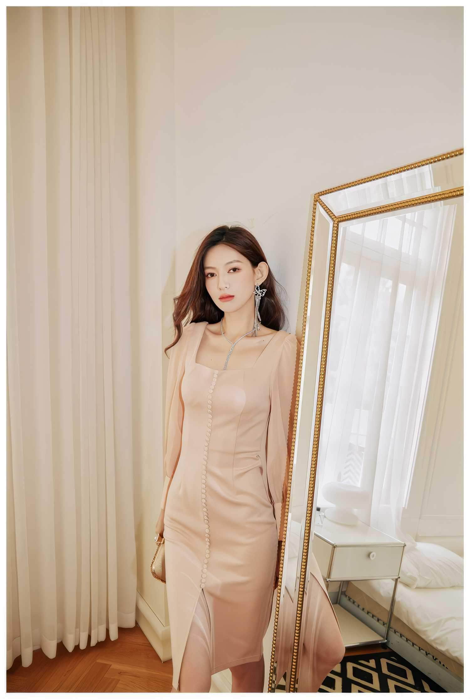 Long Sleeve Button Accent Sheath Slit Midi Dress