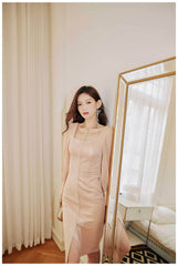 Long Sleeve Button Accent Sheath Slit Midi Dress