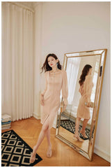 Long Sleeve Button Accent Sheath Slit Midi Dress