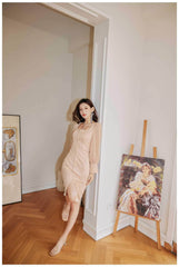 Long Sleeve Button Accent Sheath Slit Midi Dress