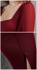 Long Sleeve Button Accent Sheath Slit Midi Dress