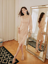 Long Sleeve Button Accent Sheath Slit Midi Dress