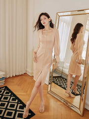 Long Sleeve Button Accent Sheath Slit Midi Dress