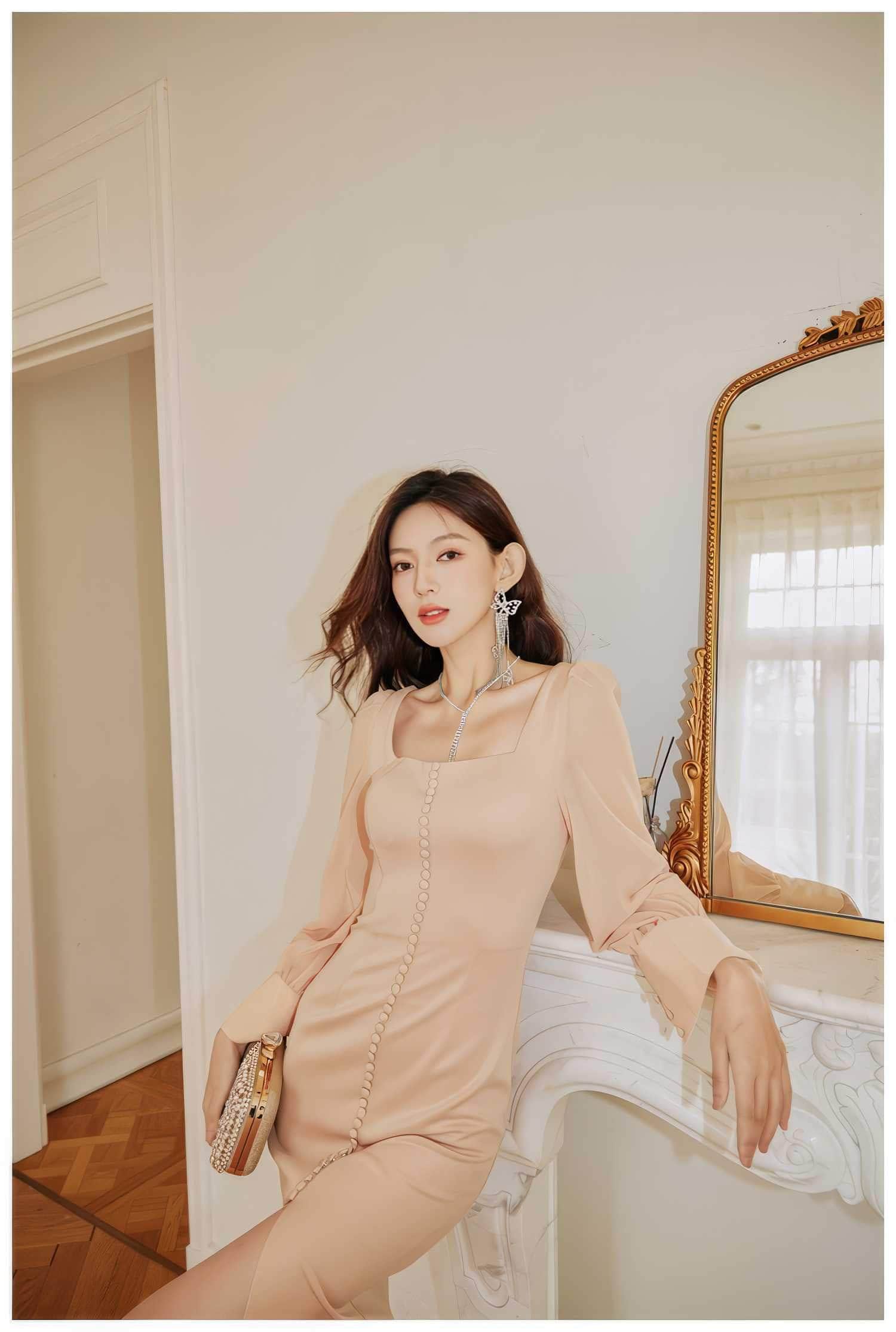 Long Sleeve Button Accent Sheath Slit Midi Dress