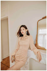 Long Sleeve Button Accent Sheath Slit Midi Dress