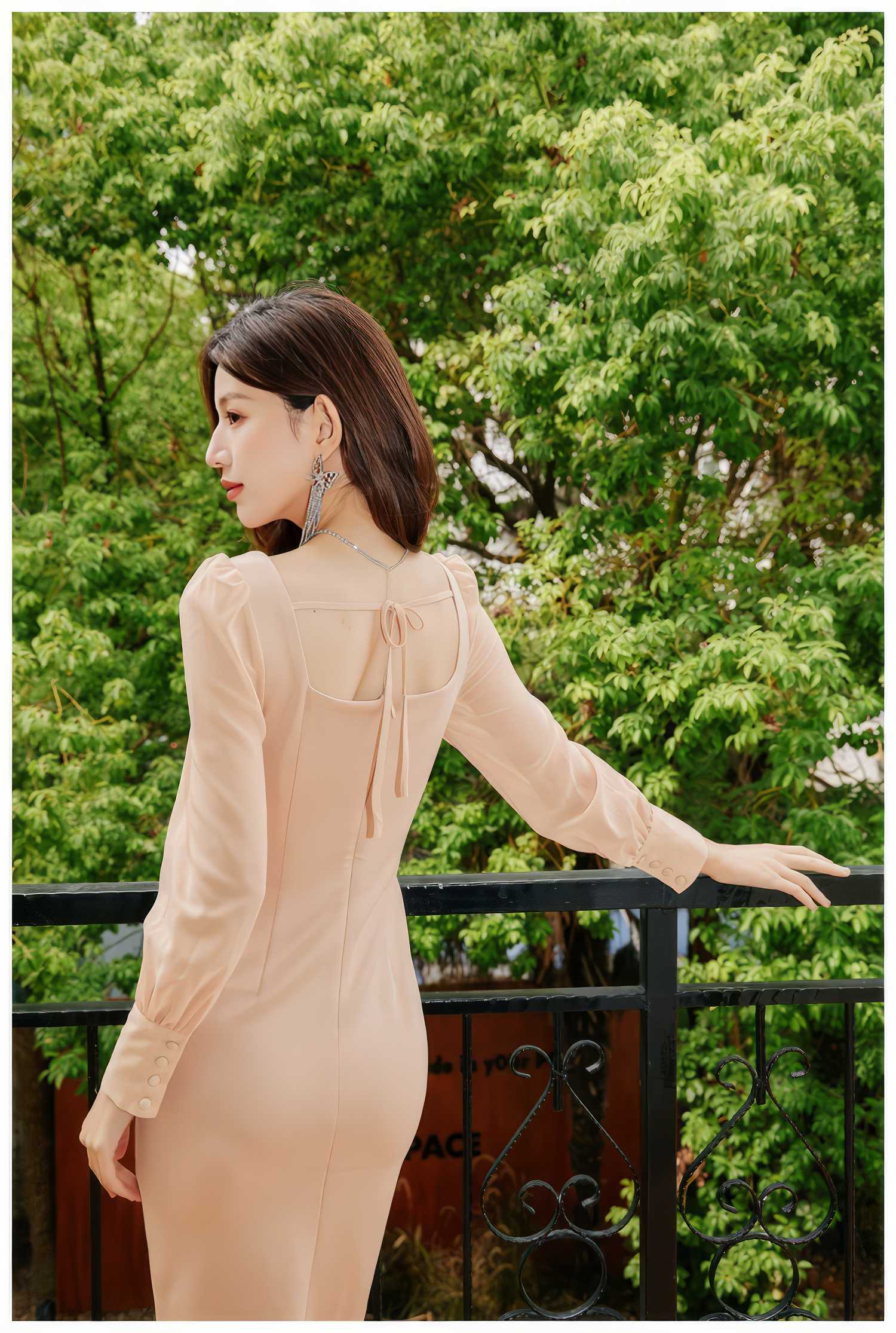 Long Sleeve Button Accent Sheath Slit Midi Dress