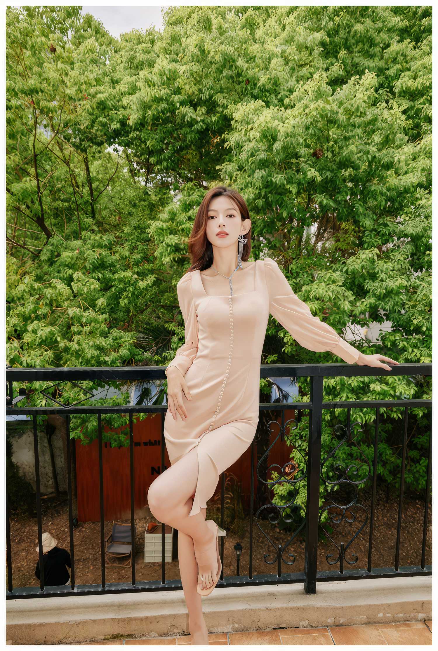 Long Sleeve Button Accent Sheath Slit Midi Dress