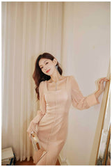 Long Sleeve Button Accent Sheath Slit Midi Dress S / Tan