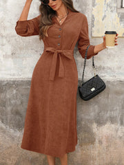 Long Sleeve Button Front Belted Midi Dress Brown / S