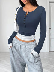 Long Sleeve Button Front Fitted T-Shirt