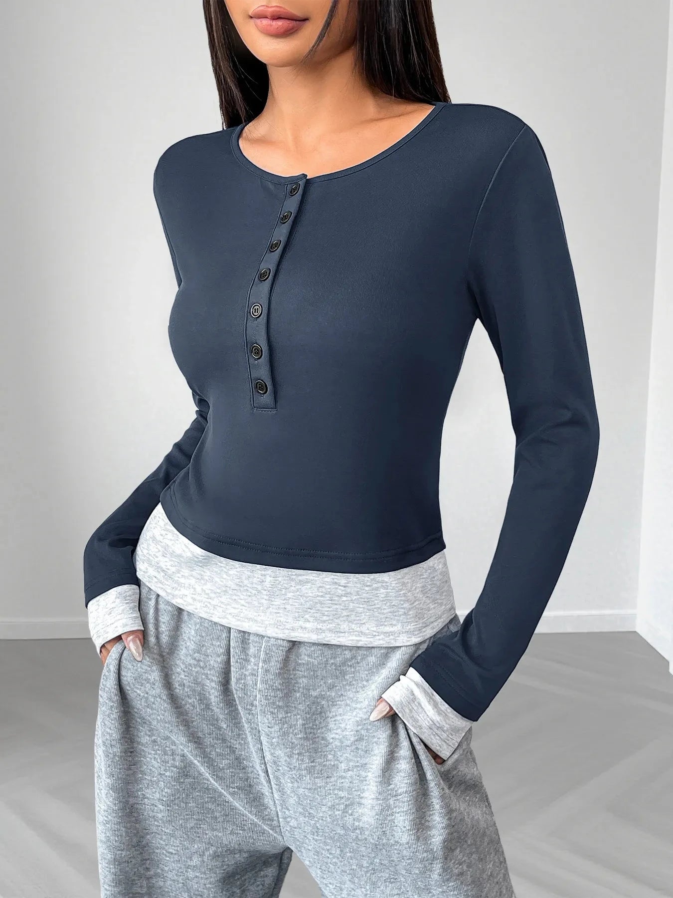 Long Sleeve Button Front Fitted T-Shirt