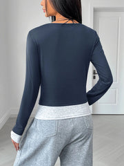 Long Sleeve Button Front Fitted T-Shirt