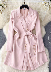 Long Sleeve Collared Knot Detail Blazer Dress S / Pink