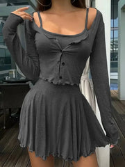 Long Sleeve Crop Top and Cami Dress Set Black / S