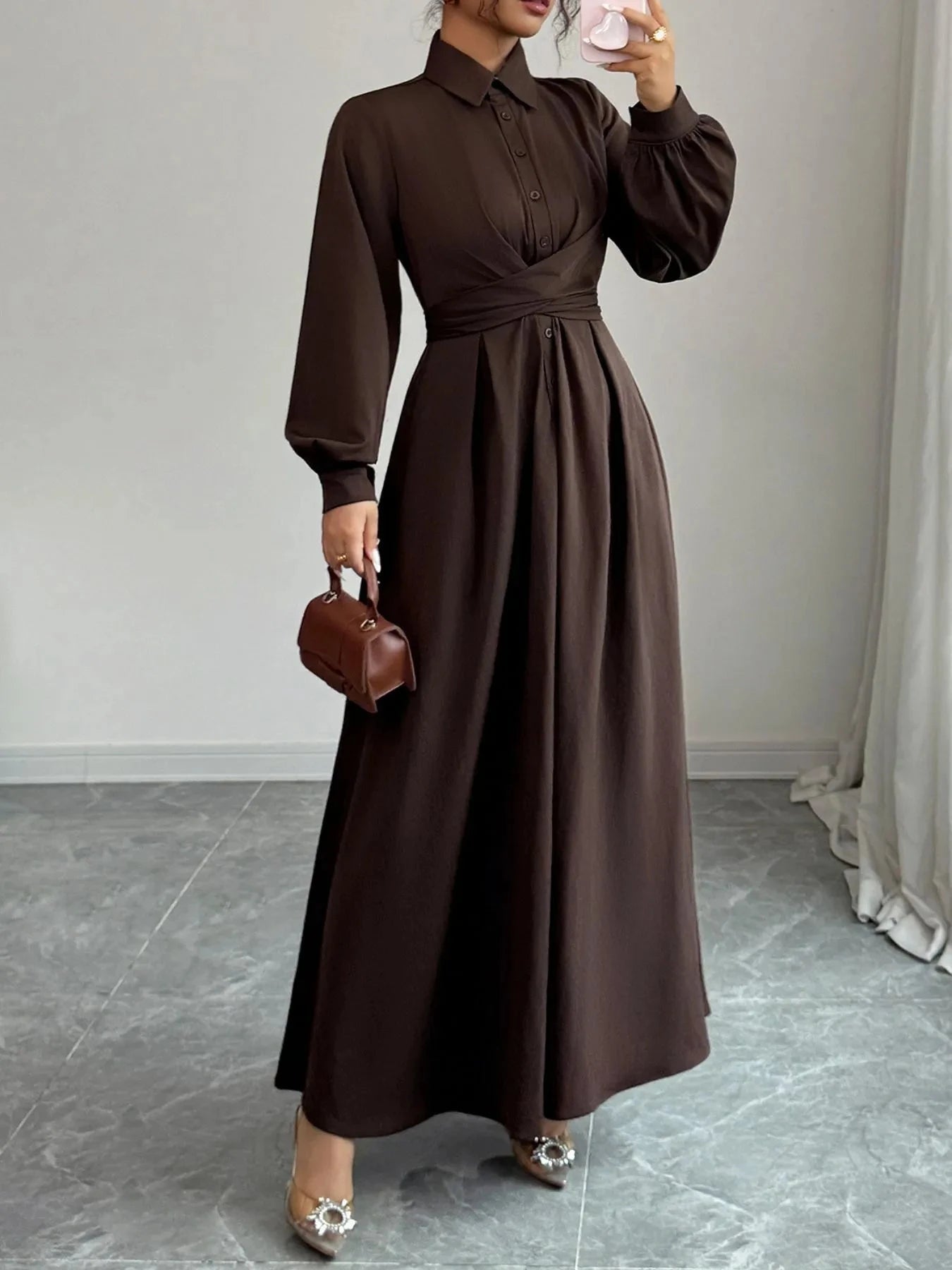 Long Sleeve Maxi Shirt Dress Brown / S