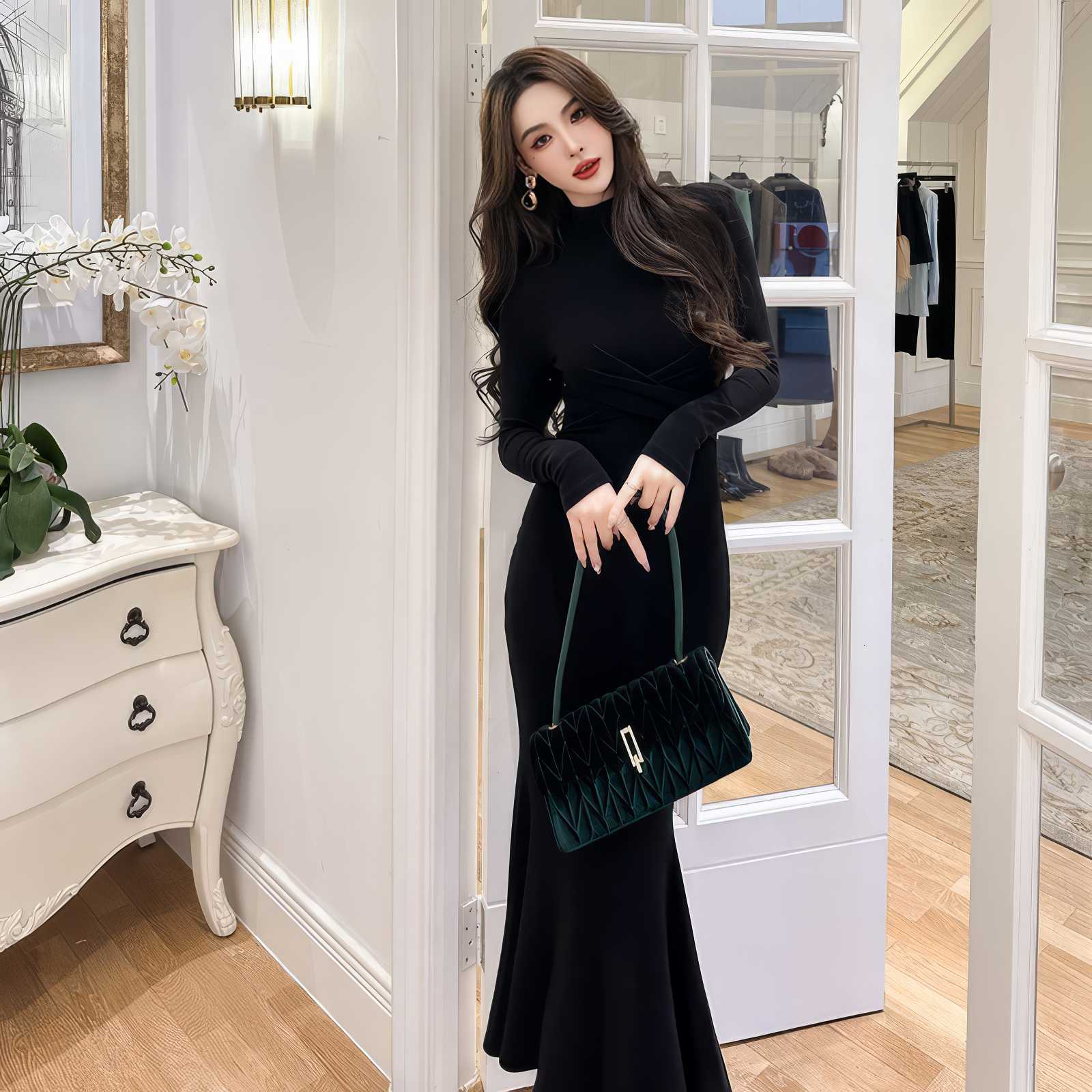Long Sleeve Mockneck Mermaid Maxi Dress