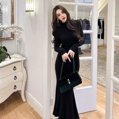 Long Sleeve Mockneck Mermaid Maxi Dress S / Black