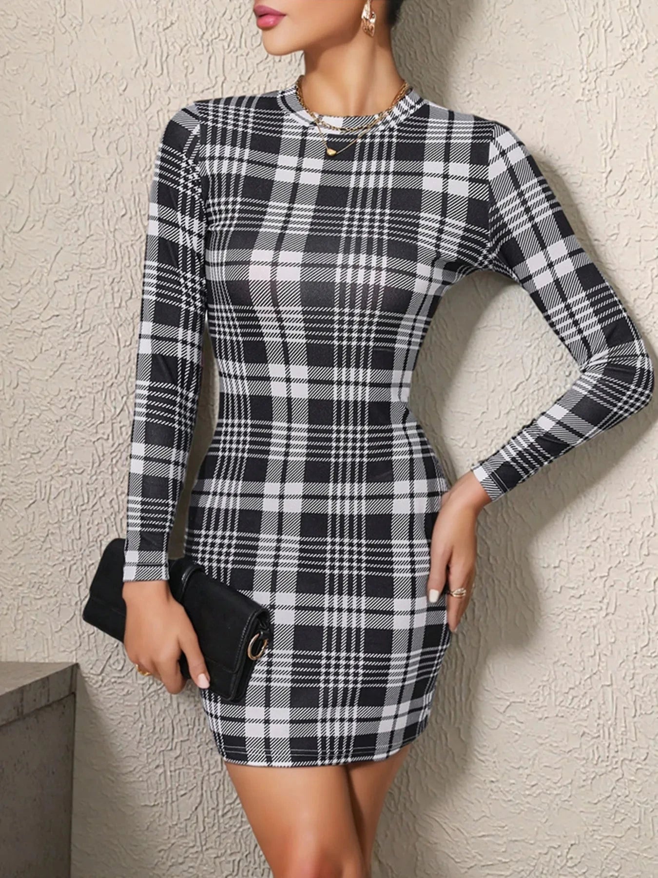 Long Sleeve Plaid Bodycon Mini Dress
