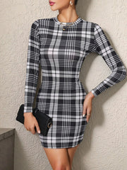 Long Sleeve Plaid Bodycon Mini Dress