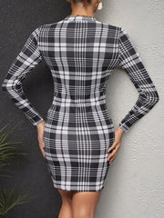 Long Sleeve Plaid Bodycon Mini Dress