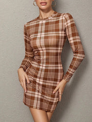Long Sleeve Plaid Bodycon Mini Dress