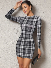 Long Sleeve Plaid Bodycon Mini Dress