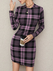 Long Sleeve Plaid Bodycon Mini Dress
