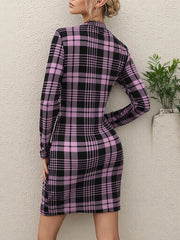 Long Sleeve Plaid Bodycon Mini Dress