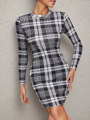 Long Sleeve Plaid Bodycon Mini Dress Black / XS