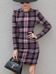 Long Sleeve Plaid Bodycon Mini Dress Pink Purple / XS