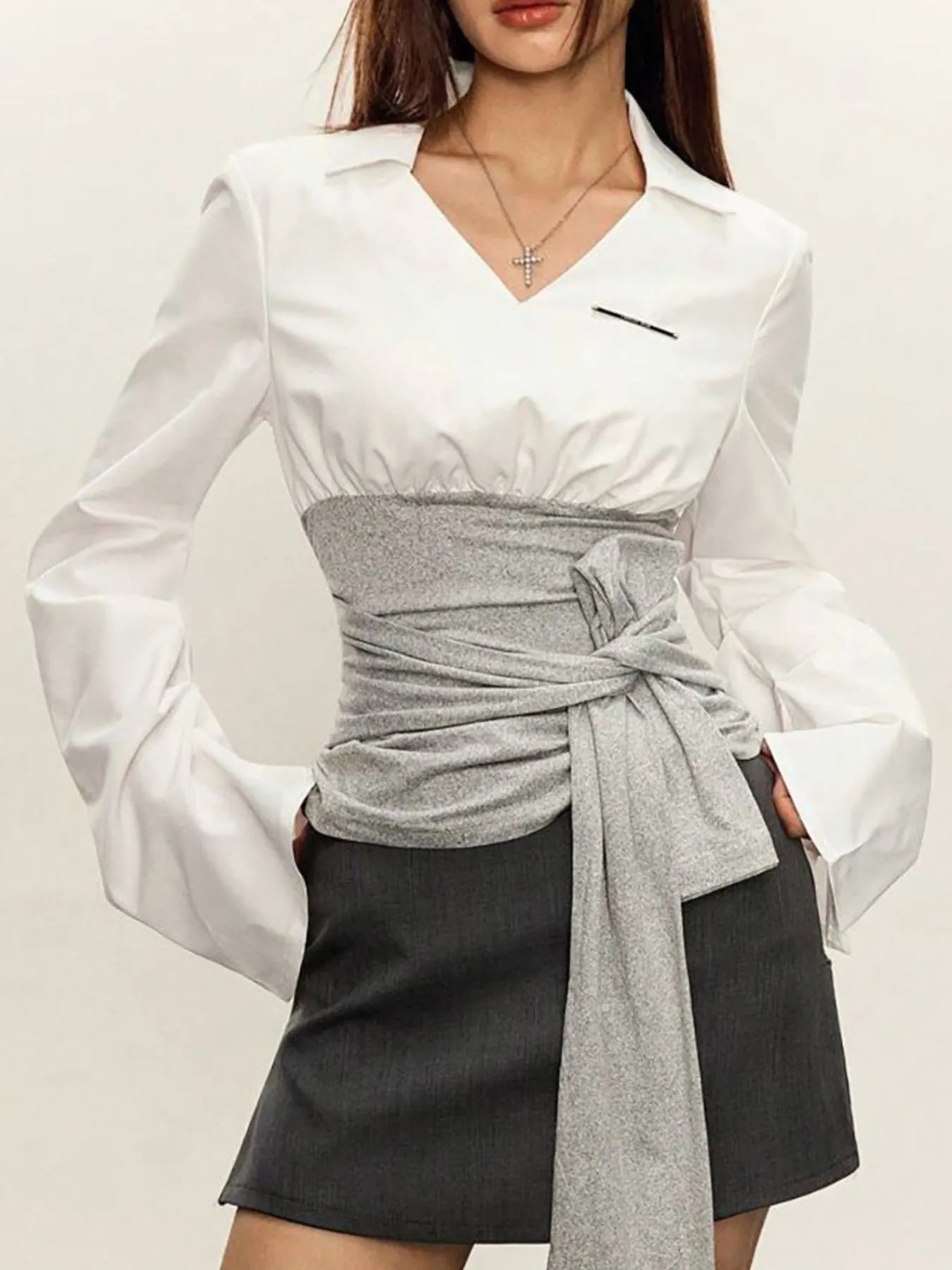 Long Sleeve Tie Front Blouse White / S