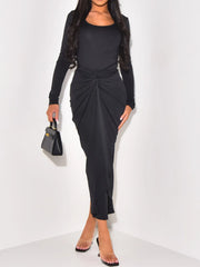 Long Sleeve Tie-Front Bodycon Maxi Dress Black / S